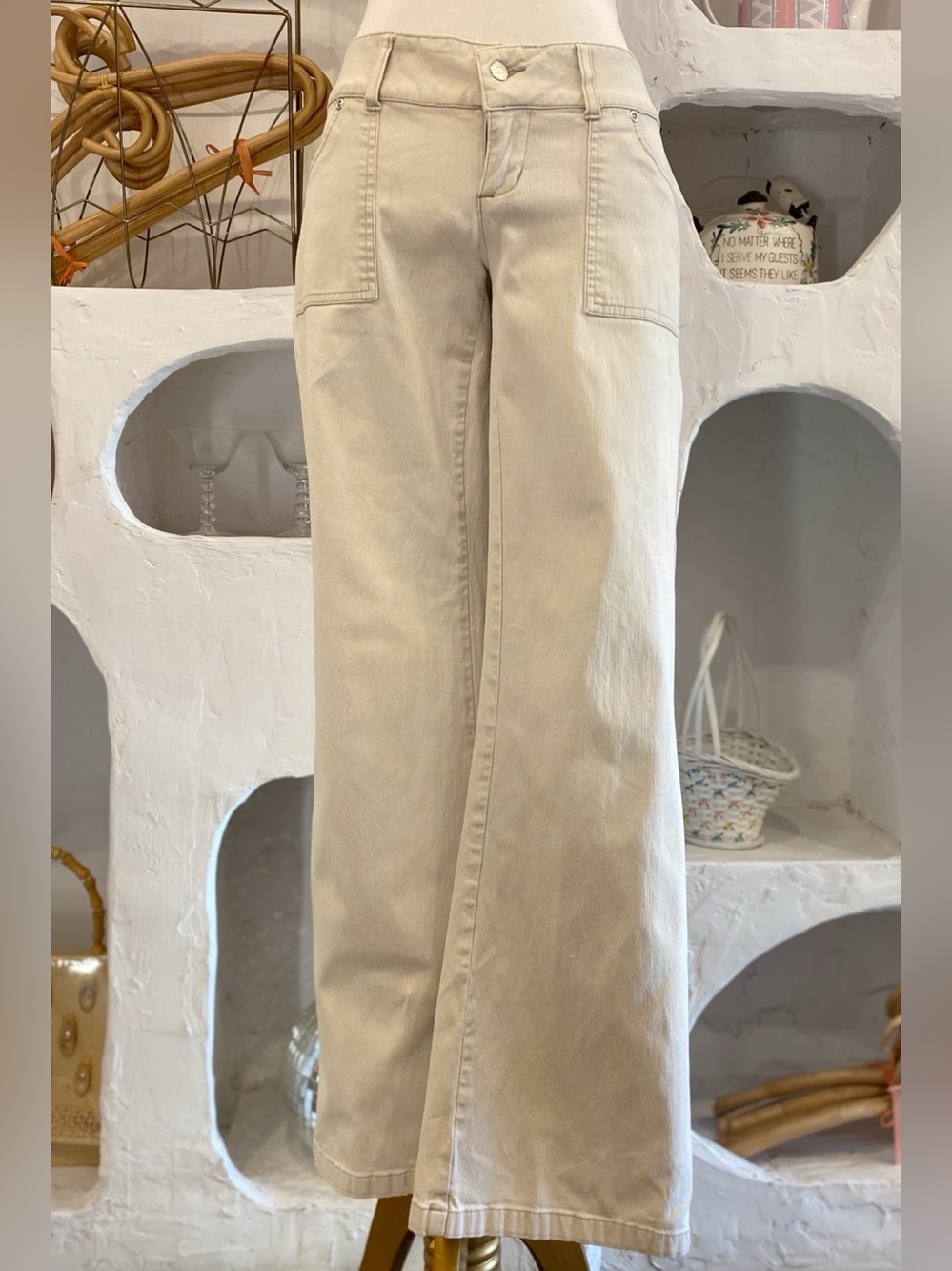 Y2K Vintage Low Rise Beige Bootcut Flare Low Rise Casual Pants with Pockets